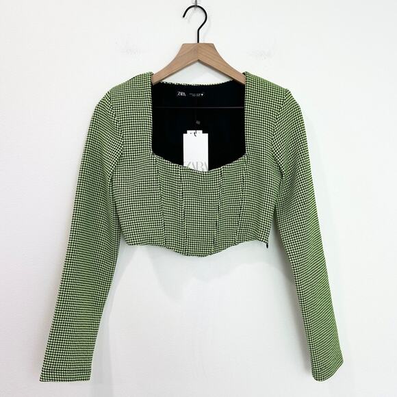Zara Houndstooth Neon Green Corset Bustier Crop Top Size small - Picture 11 of 12